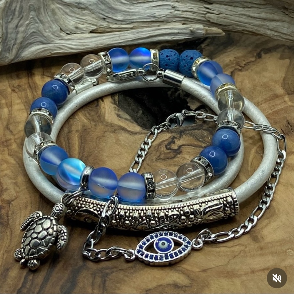 Crystal Quartz & mermaid beads, leather, & evil eye bracelet set